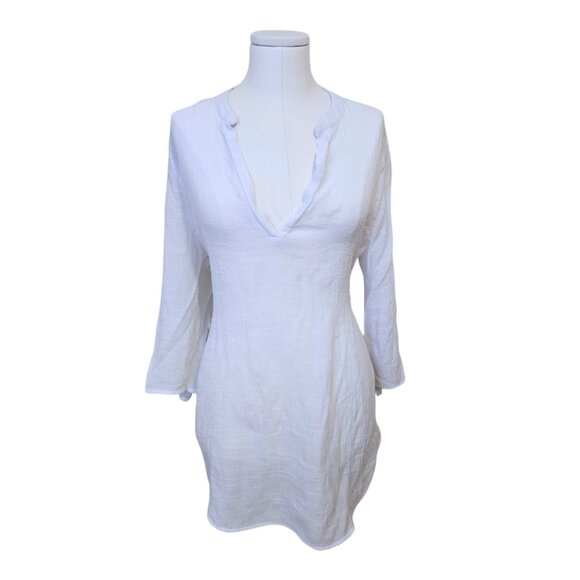 White Linen Style Top Long Sleeve Sheer V Neck Floral Lace Tunic Boho Sz XL - Picture 1 of 9